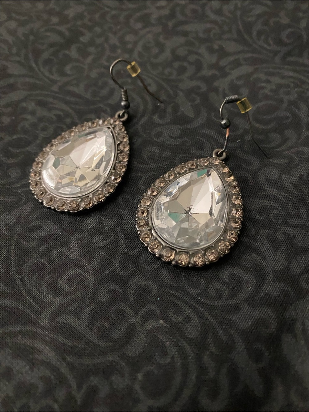 Silver Teardrop Crystal Dangle Earrings - Clear Rhinestone